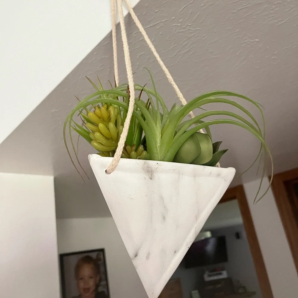 Marble Hanging Planter with Fake Green Succulent.